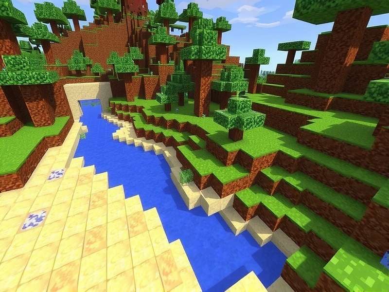 Minecraft Game landscape showing a blocky world with mountains, forests, and a player-built house
