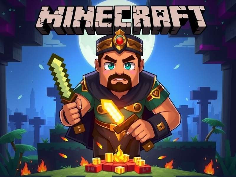 A vibrant Minecraft landscape showing a detailed player-built castle at sunset