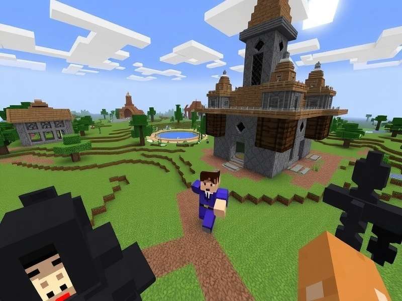 A detailed Minecraft landscape showing Survival mode gameplay with tools and a shelter