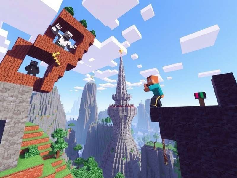 A complex Minecraft parkour course over a void with colorful blocks
