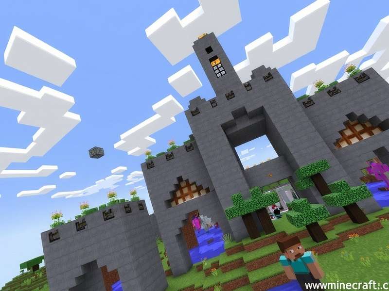 A vast Minecraft landscape showing mountains, forests, and a player-built castle
