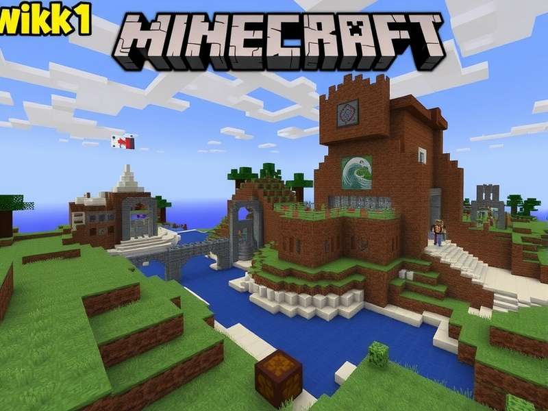 Minecraft landscape showing diverse biomes, a player building, and mobs