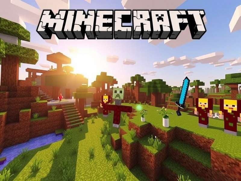 Minecraft Game landscape with mountains and buildings