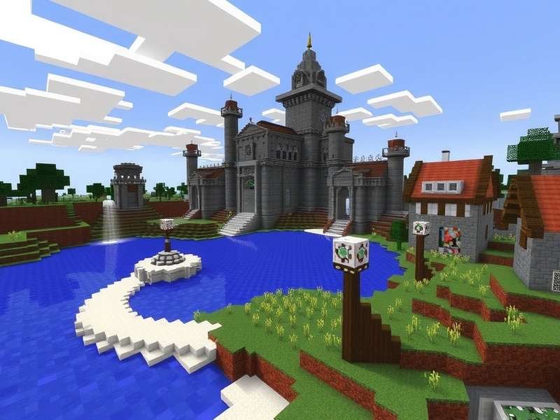 Minecraft gameplay showing creative building and survival elements