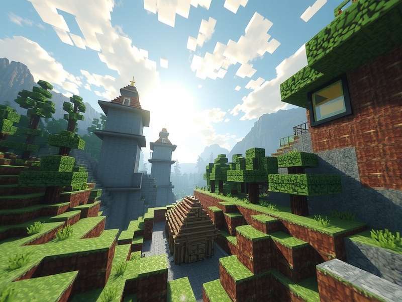 A sprawling Minecraft landscape with mountains, rivers, and a detailed castle build