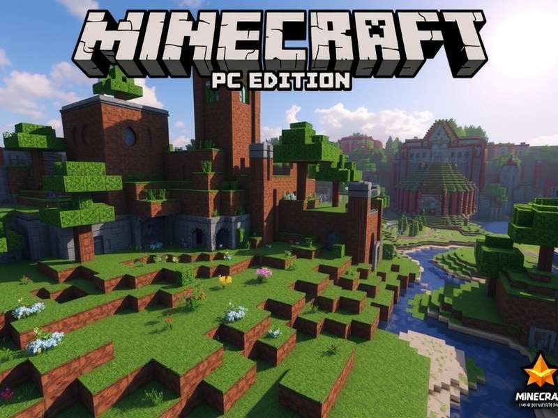 A vibrant Minecraft PC world showing intricate buildings and diverse biomes