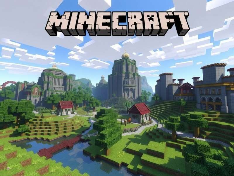 A vibrant Minecraft landscape with mountains, forests, and a river