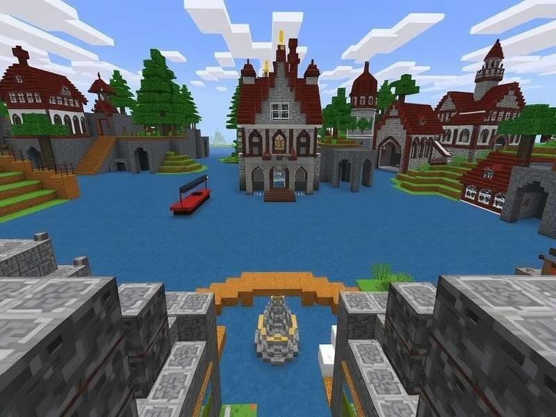 A vibrant Minecraft landscape showing diverse biomes, structures, and a player character