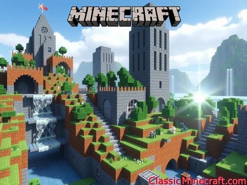 Classic Minecraft screenshot showing simple blocky terrain and buildings