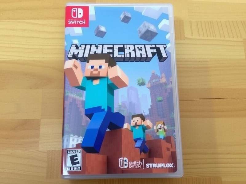 Used Minecraft game cartridge for Nintendo Switch held by a player, with a colorful Minecraft world in the background