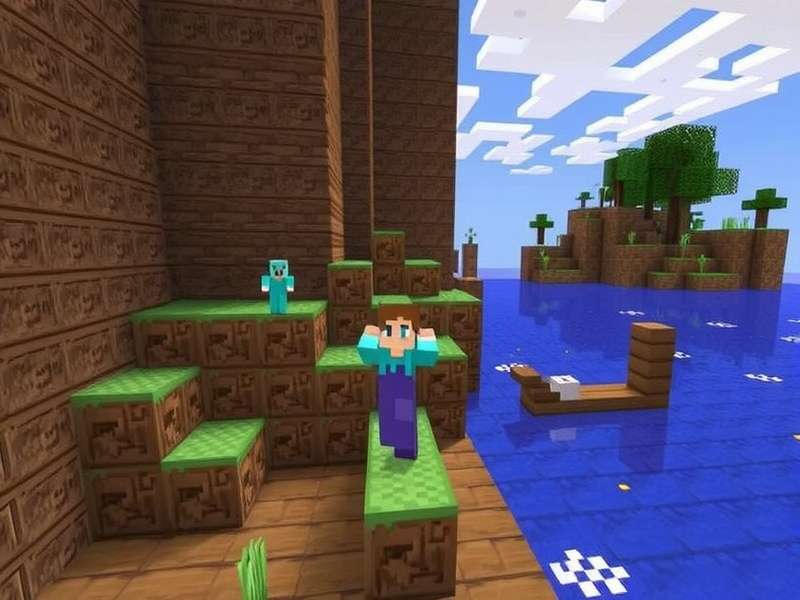 My Craft Game – A vast Minecraft landscape with forests, mountains, and a player building a castle