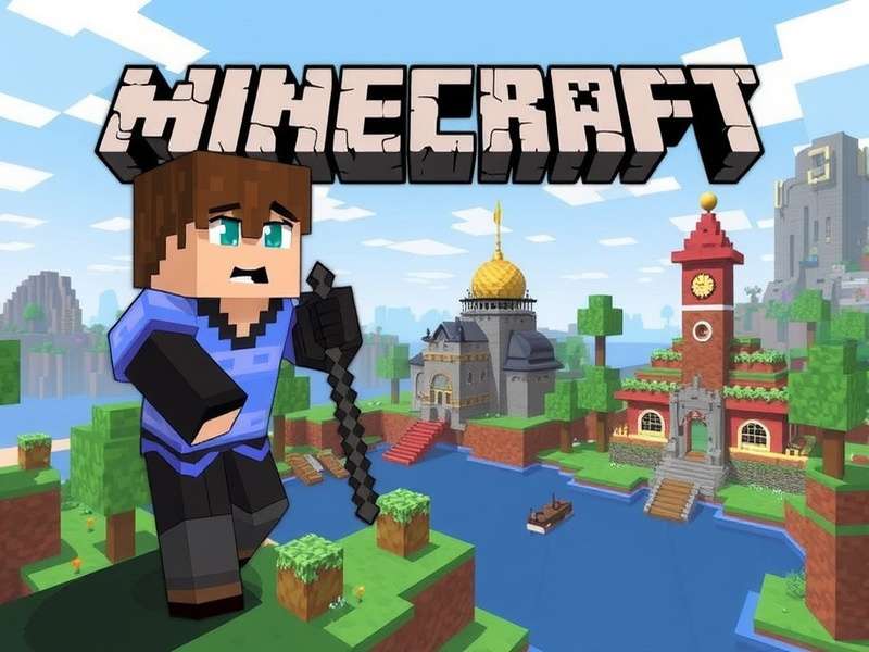 Poki Minecraft gameplay screenshot showing a player building a castle in creative mode with lush green terrain