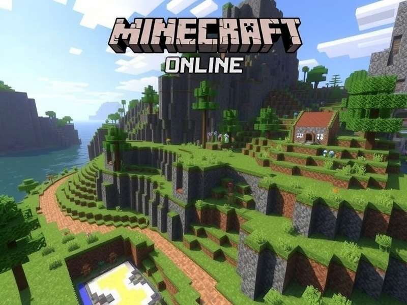 Minecraft Online Free gameplay banner showing lush forest and mountains