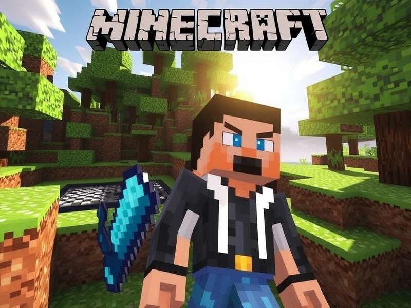 Minecraft gameplay showing a lush forest with a player-built cabin and mountains in the background