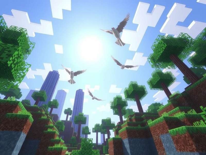 Minecraft gameplay with music notes floating above a lush green valley, featuring a player with a diamond pickaxe