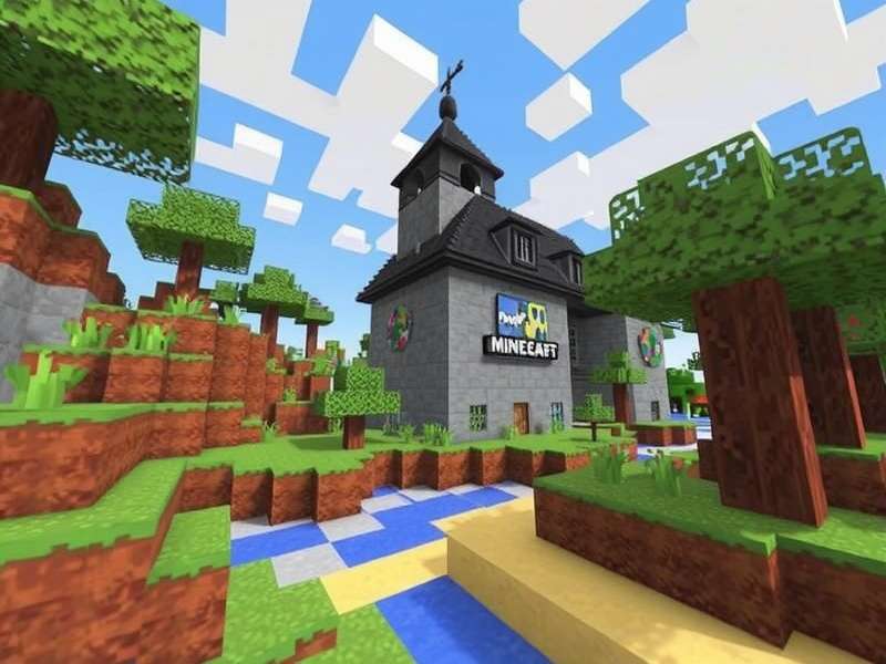 Minecraft Free gameplay banner showing a lush green landscape with blocky mountains and a player character
